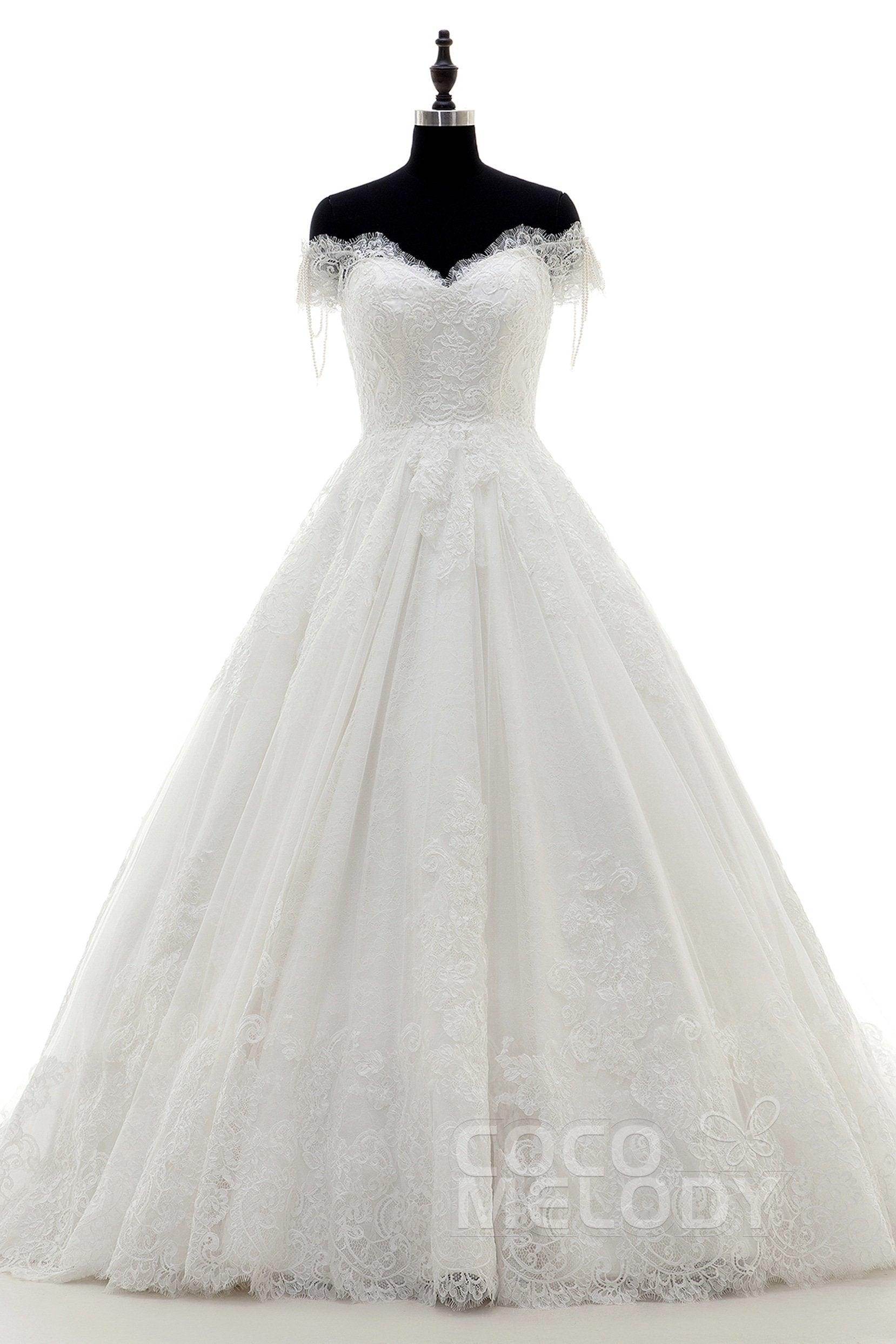 A-Line Court Train Lace Wedding Dress LD3832 - COCOMELODY